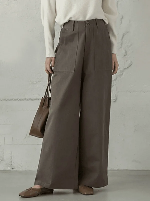 Women Casual Basic Solid Color Loose Wide Leg Pants with Pocket