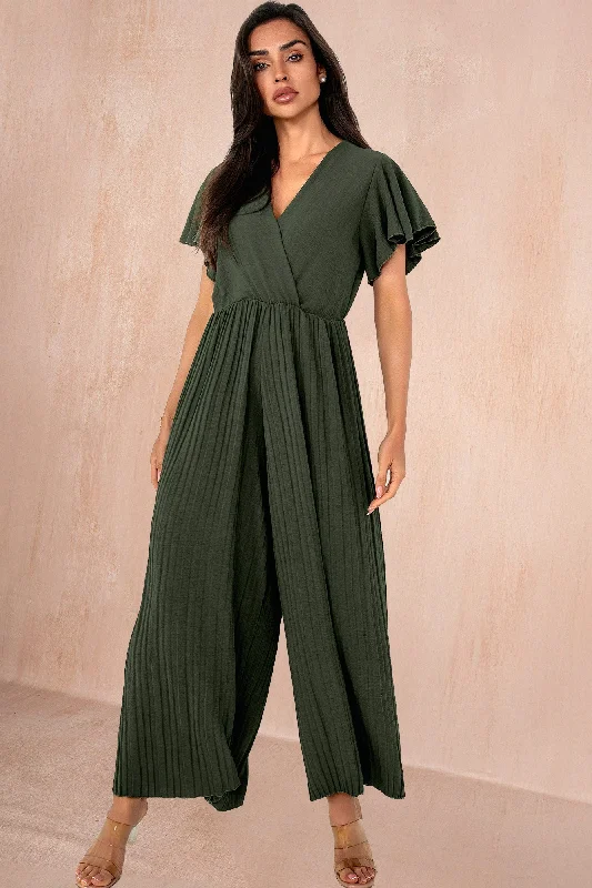 Dee Khaki Pleated Wide Leg Jumpsuit