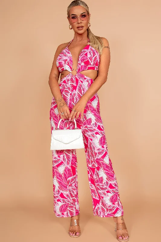 Dora Hot Pink Leaf Print Jumpsuit