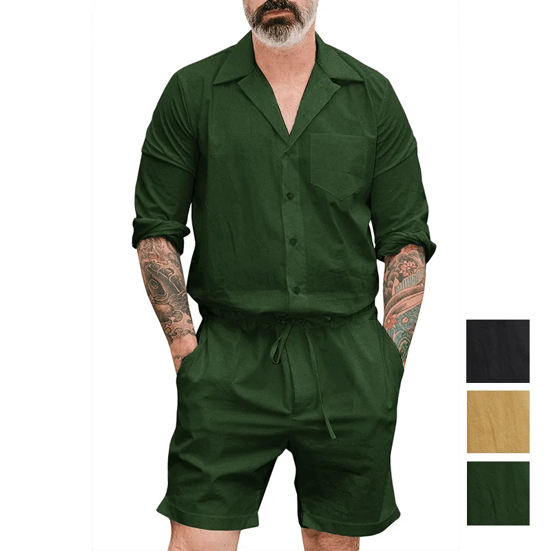 INCERUN Men Solid Color Drawstring Short Jumpsuit