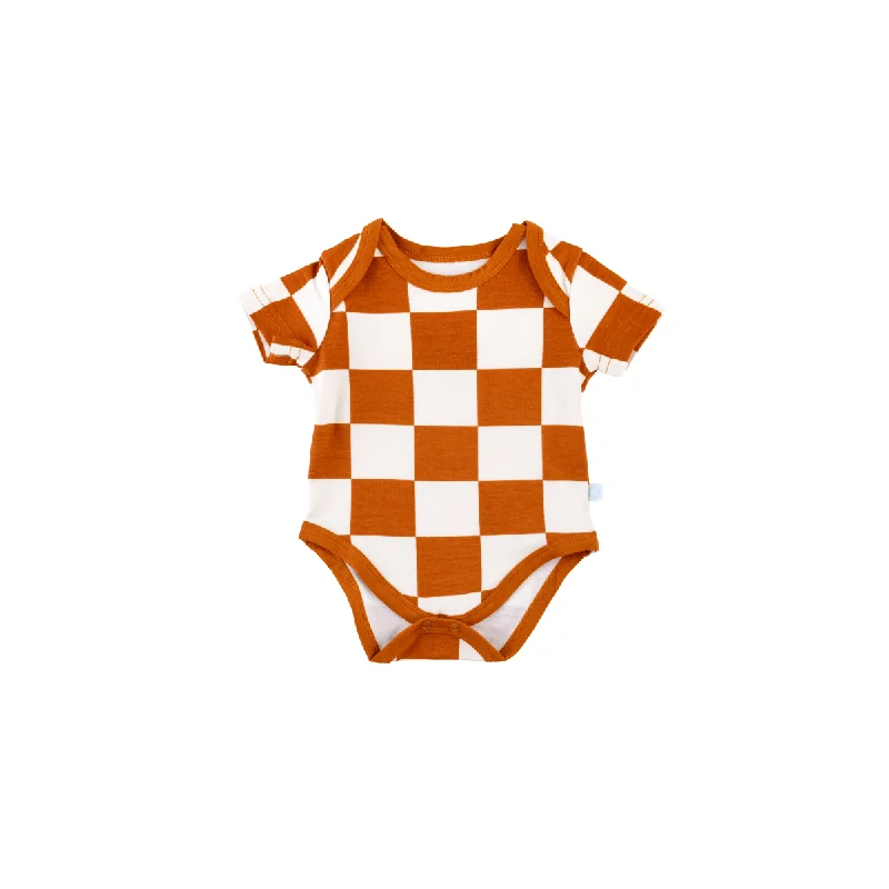 Baby Short-Sleeve Bamboo Bodysuit  | Rust Checkerboard