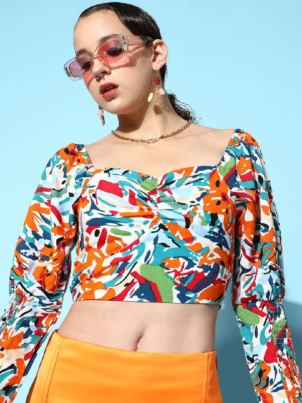 Berrylush Women White & Orange Abstract Printed Sweetheart Neck Three-Quarter Sleeve Smocked Crepe Crop Top