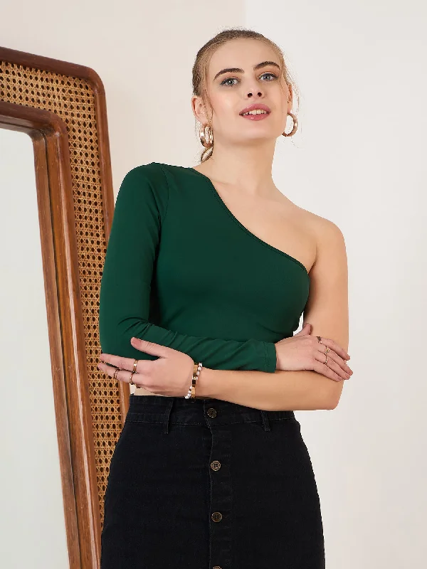 Berrylush Women Solid Green One-Shoulder Neck Back Cutout Knitted Crop Top