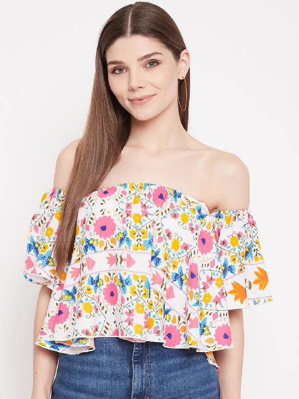 Berrylush Women White Floral Print Off-The-Shoulder Crop Top