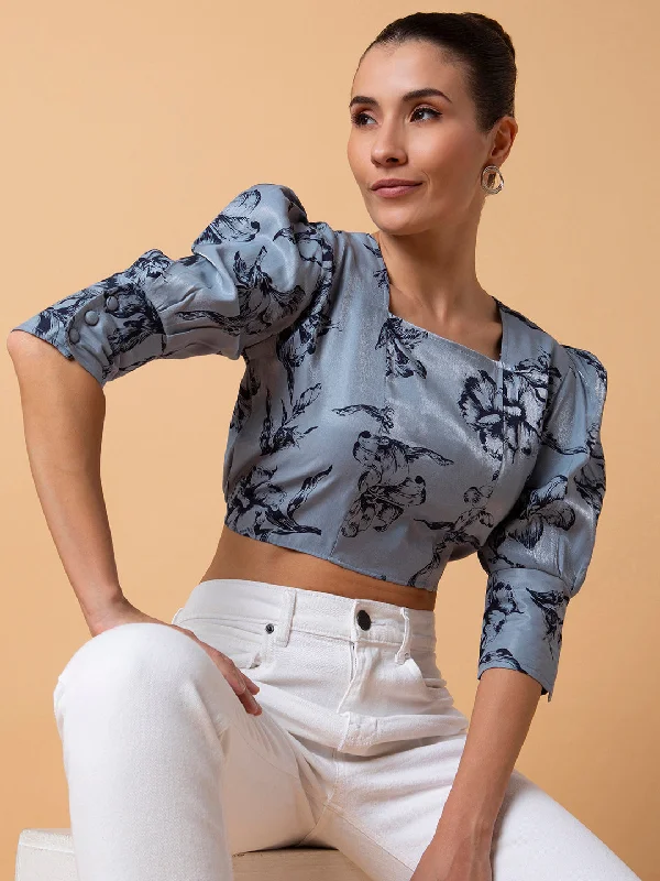 Women Floral Grey Blouson Crop Top