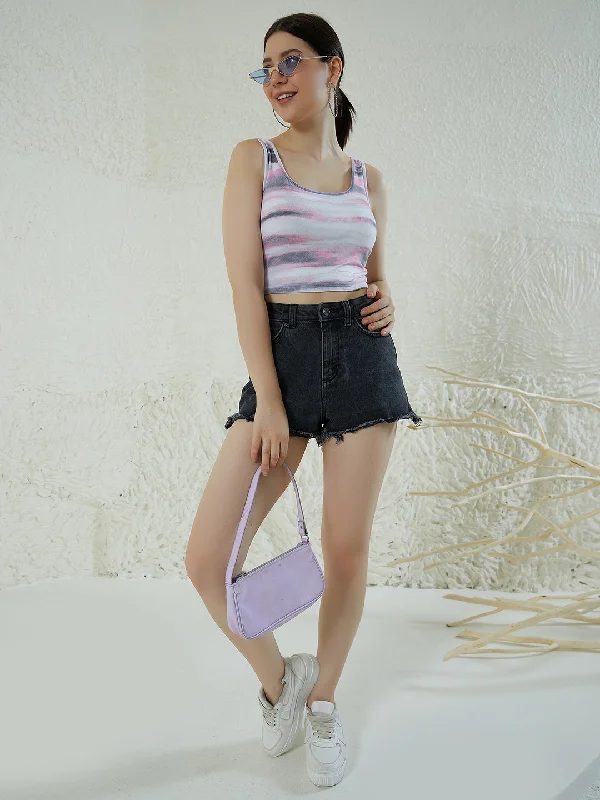 Berrylush Women White, Pink, & Grey Tie-Dye Printed Scoop Neck Sleeveless Cotton Knitted Crop Top