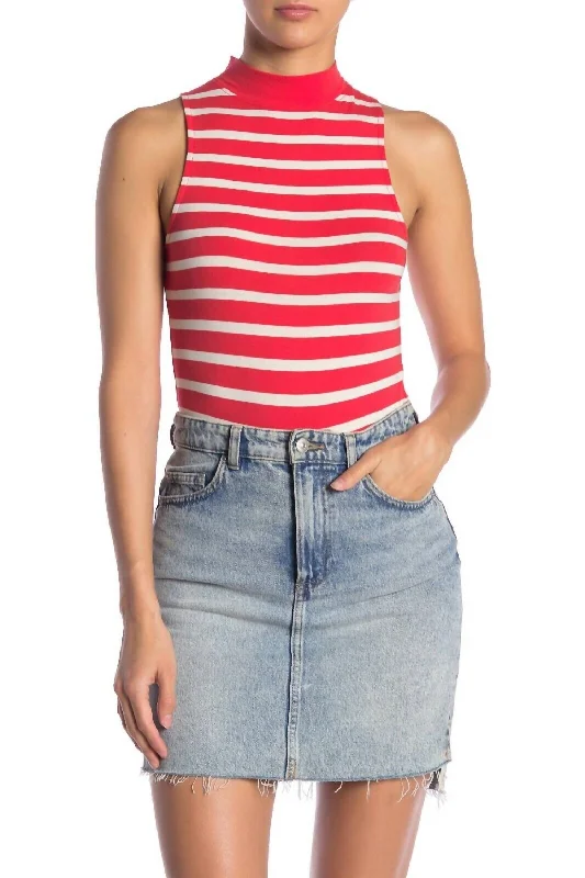 Striped Sleeveless Mock Neck Cotton Bodysuit In White, Red