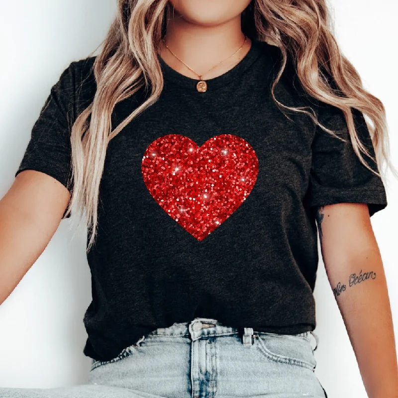 Faux Glitter Heart Shirt, Womens Cute Valentine TShirt, Sparkly Heart Graphic Tee, Valentine Gift for Her