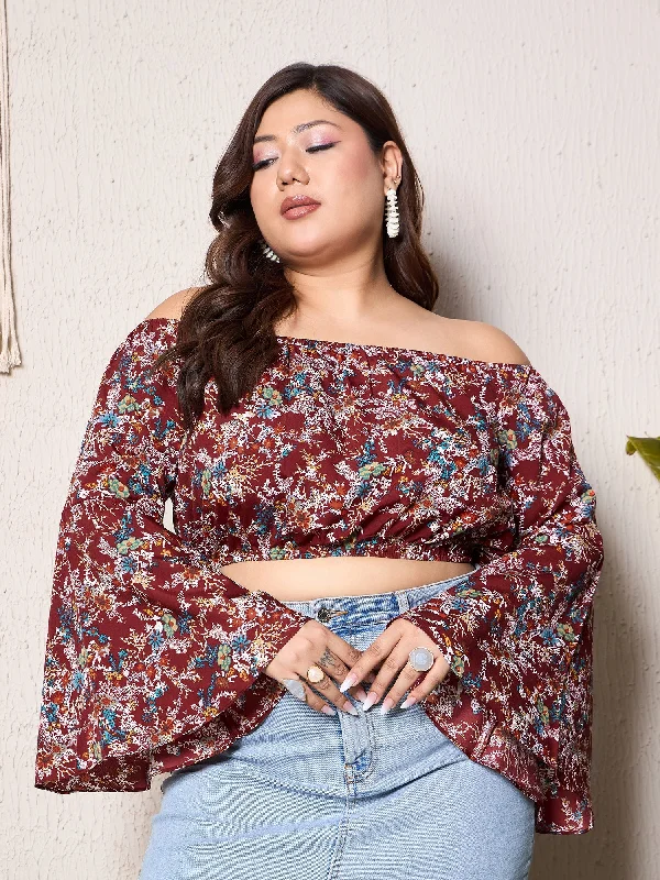 Berrylush Women Maroon & White Floral Printed Off-Shoulder Neck Flared Sleeves Cropped Top