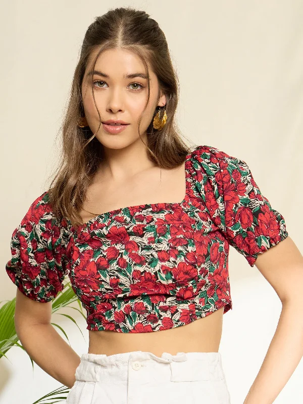 Berrylush Women Red & Green Floral Printed Square Neck Puff Sleeves Slip-On Cropped Top