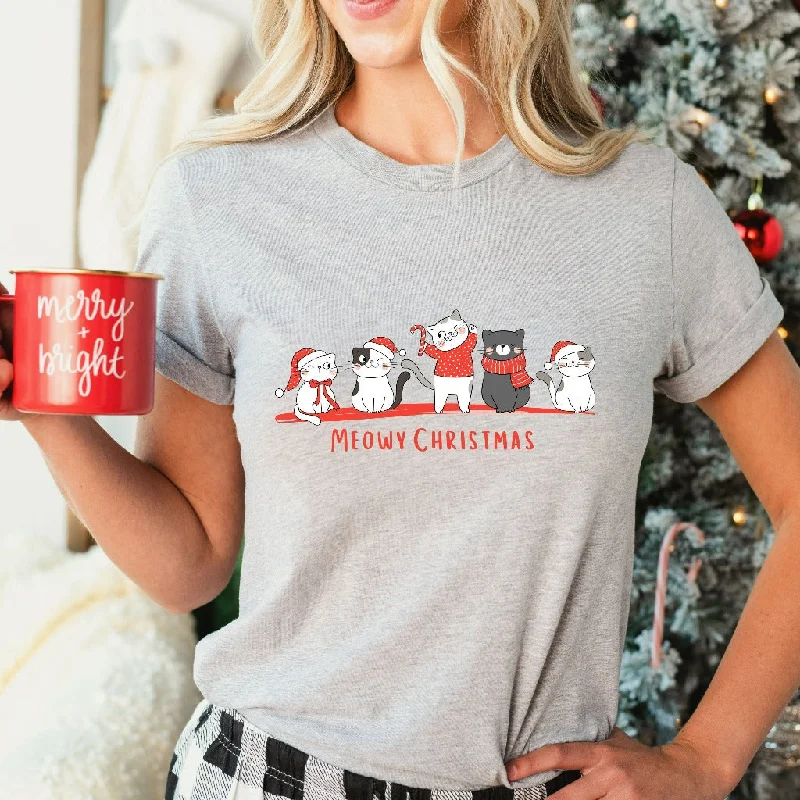 Meowy Christmas Shirt, Funny Christmas Cat Mom Graphic Tee, Cat Mama Christmas Gift, Cat Lover TShirt