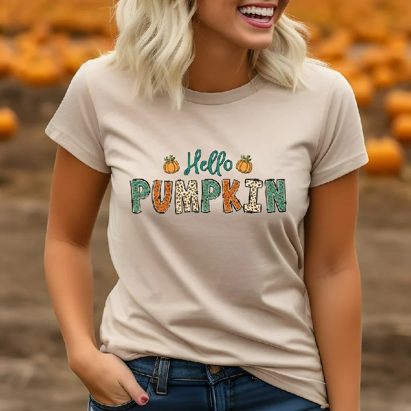 Hello Pumpkin Shirt, Cute Fall TShirt, Fall Leopard Print Graphic Tee, Halloween Shirts, Autumn Apparel