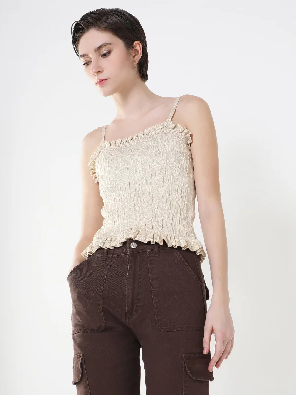 Women Solid Beige Fitted Crop Top