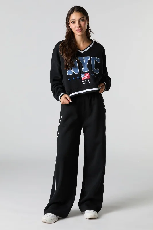 Side Piped Wide Leg Fleece Sweatpant