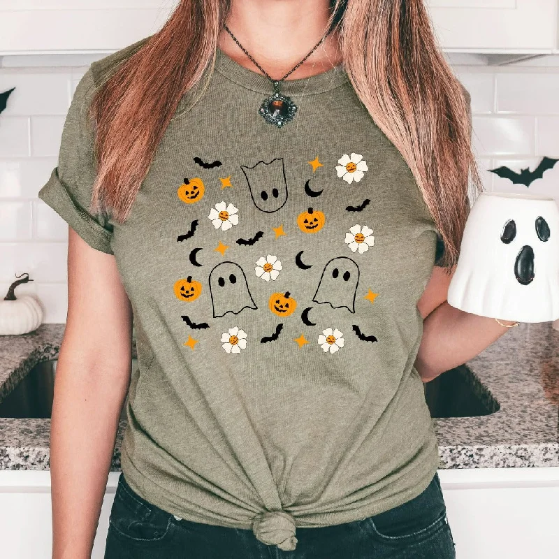 Halloween Doodles Shirt, Halloween Little Things TShirt, Cute Ghost Pumpkin Flowers Graphic Tee