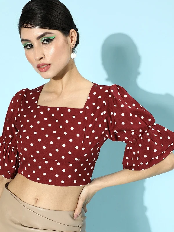 Berrylush Women Red Polka Dot Printed Square-Neck Crepe Ruffled Crop Top