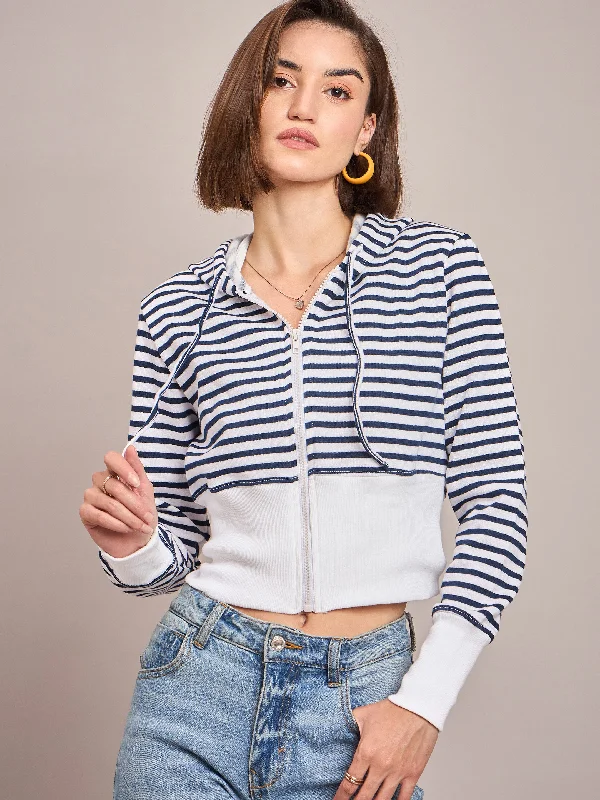 Women Navy & White Striped Fleece Hooded Jacket