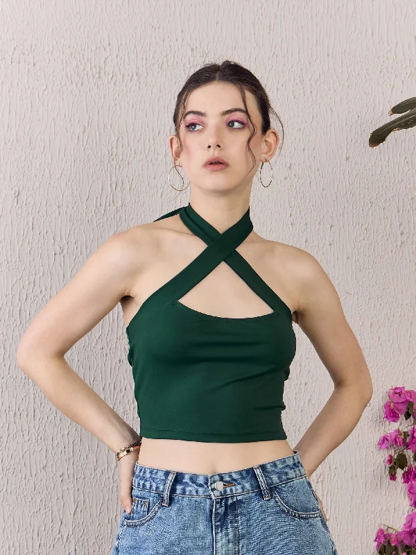 Berrylush Women Solid Green Halter Neck Sleeveless Backless Tie-Up Knitted Crop Top