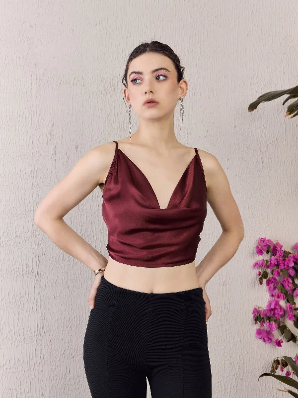 Berrylush Women Solid Maroon Cowl Neck Sleeveless Tie-Up Backless Satin Cropped Top