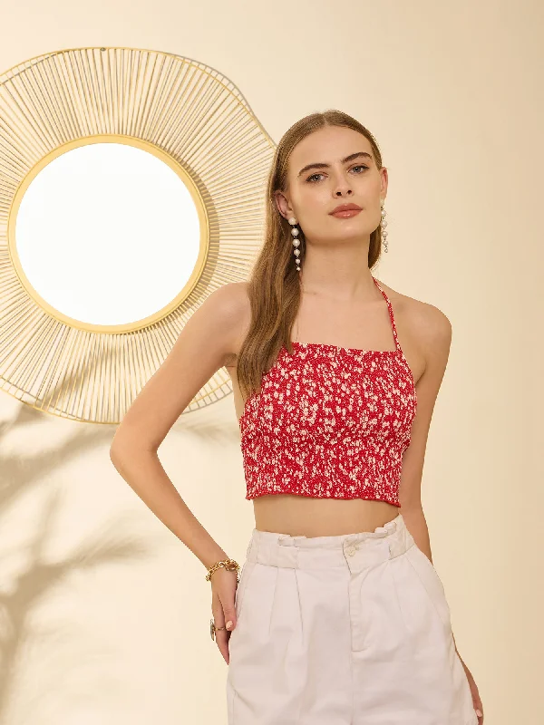 Berrylush Women Red & White Floral Printed Square Neck Sleeveless Tie-Up Backless Smocked Crop Top