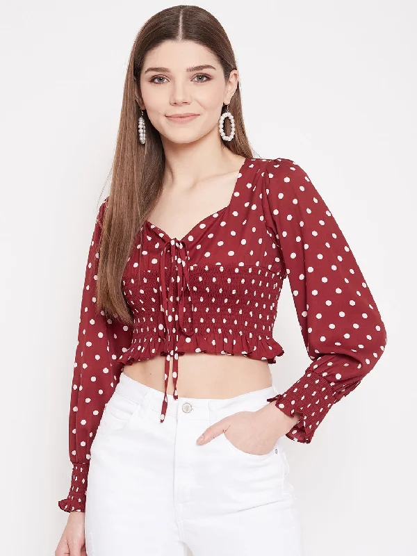 Berrylush Women Red Polka-Dot Print Front Tie Shirred Crop Top