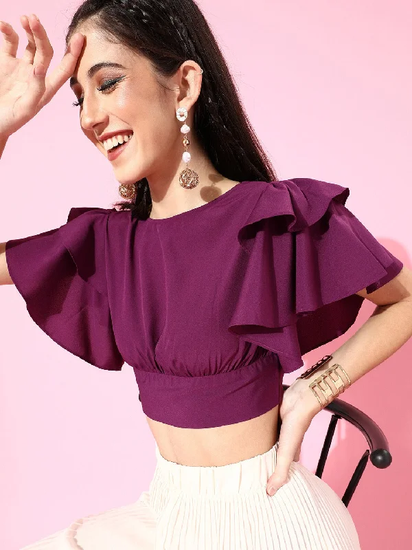 Berrylush Women Solid Purple Flutter Sleeves Blouson Crop Top