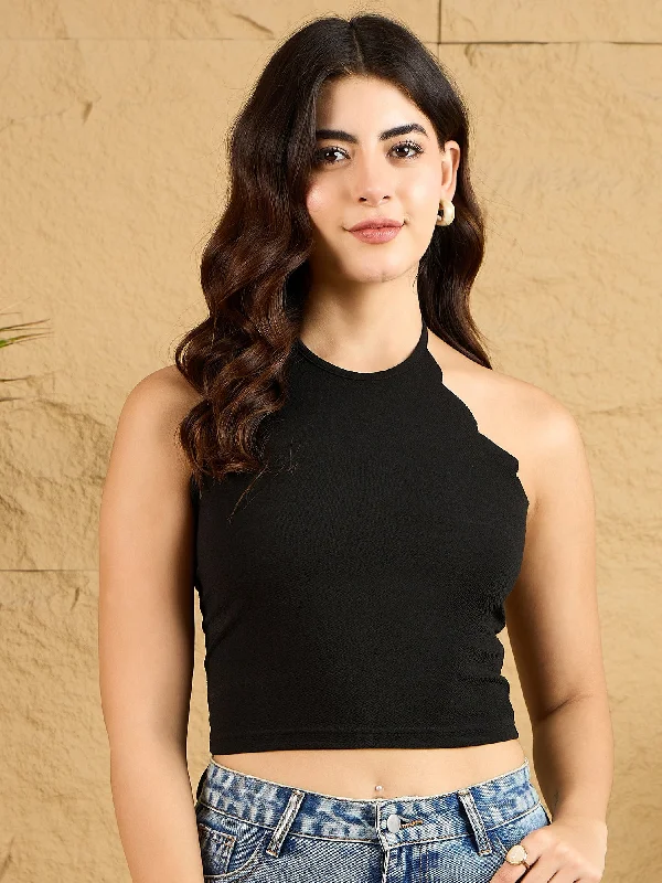 Berrylush Women Solid Black Round Neck Sleeveless Backless Tie-Up Scallop Trim Knitted Crop Top