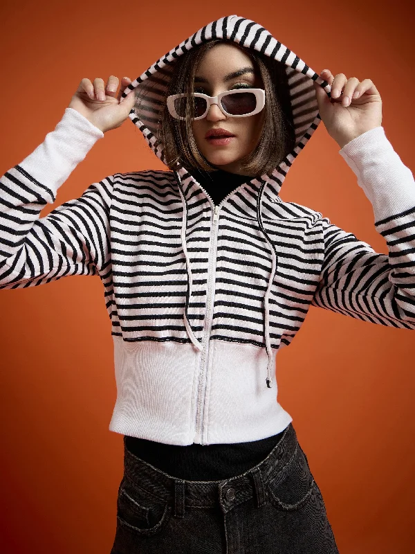 Women Black & White Striped Fleece Hooded Jacket