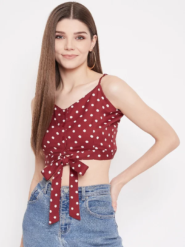 Berrylush Women Red Polka Dot Printed Crop Top