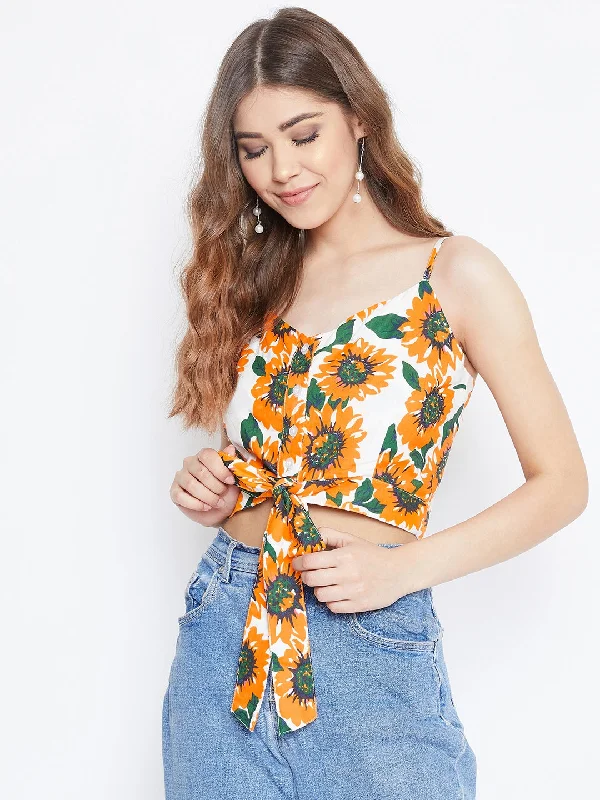 Berrylush Women Yellow & White Sunflower Printed Tie-Up Crop Top