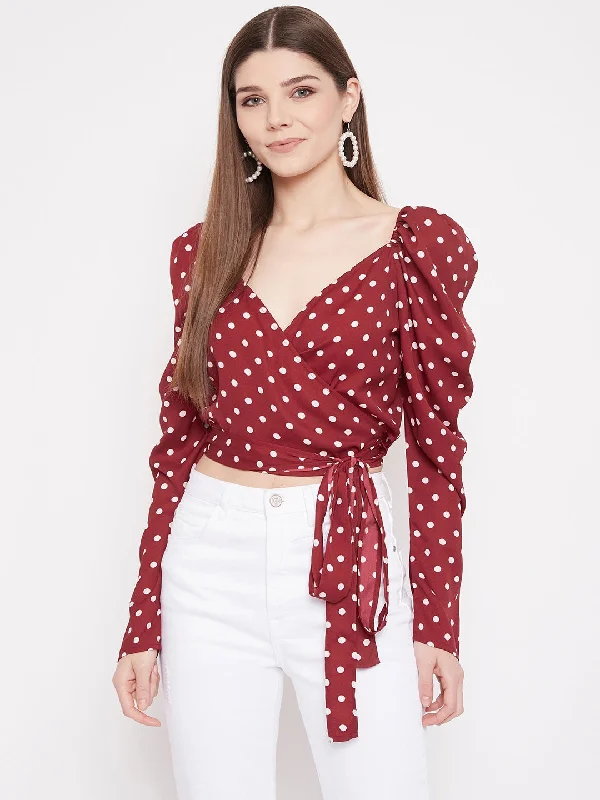 Berrylush Women Red Puff Sleeve Wrap Polka-Dot Crop Top