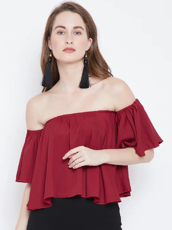 Berrylush Women Solid Red Off-Shoulder Neck Ruffled Crop Bardot Top