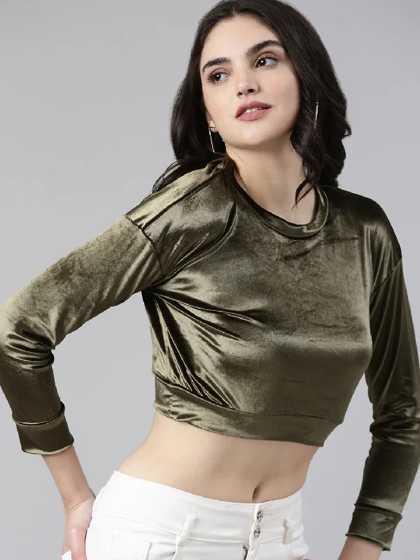 Round Neck Regular Sleeves Solid Blouson Olive Crop Top