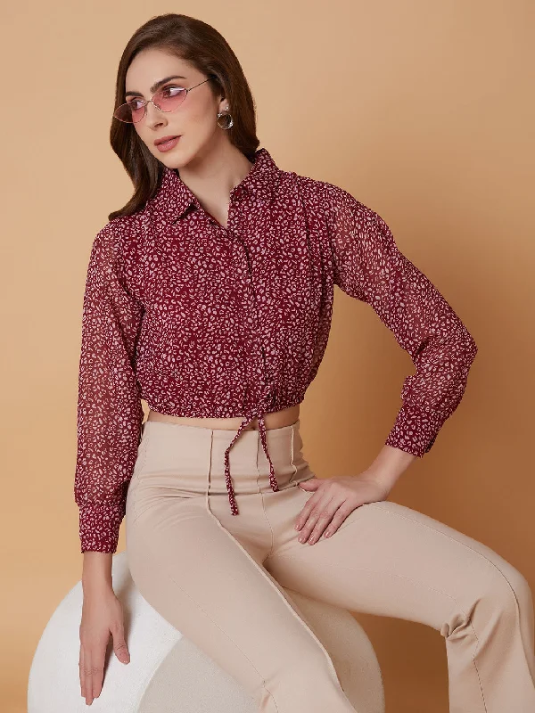 Women Abstract Maroon Blouson Crop Top