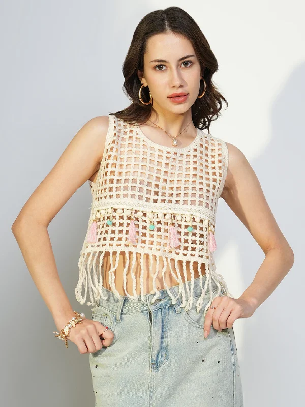 Women Cream Solid Crop Crochet Top