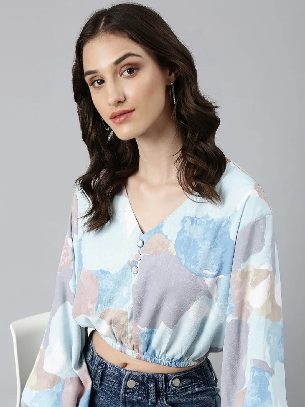 Women Blue Printed Blouson Crop Top