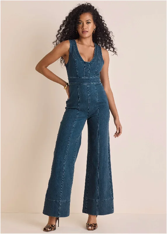 Stretch Denim Jumpsuit - Medium Wash