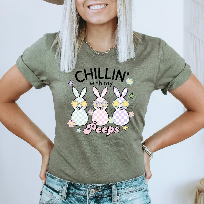 Chillin With My Peeps Easter Shirt, Hello Spring TShirt, Cute Bunny Graphic Tee, Retro Easter Bunny Shirt