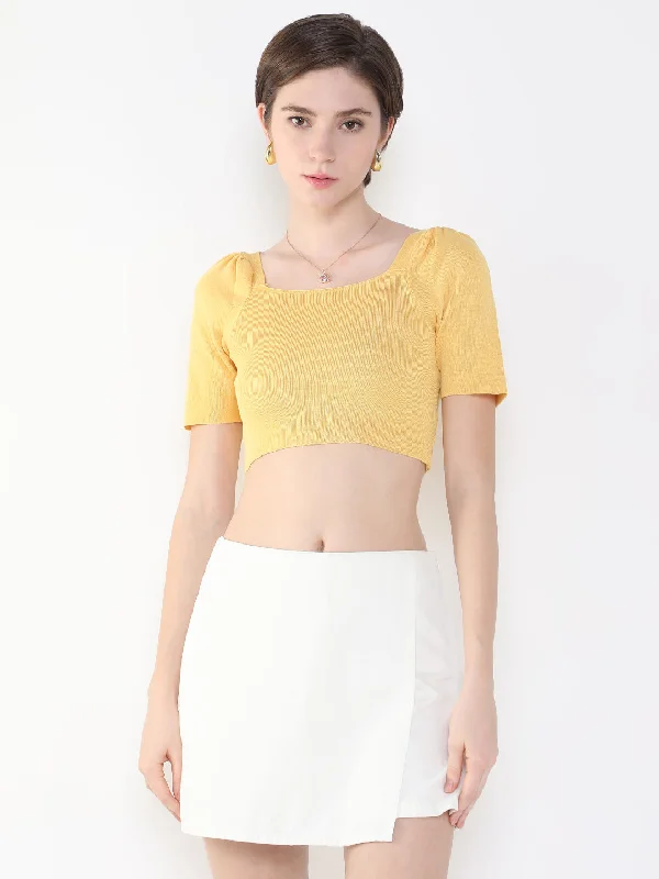 Women Solid Mustard Fitted Crop Top