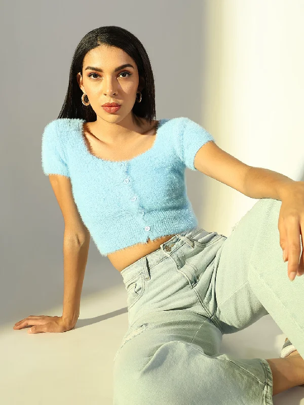 Women Blue Solid Crop Top