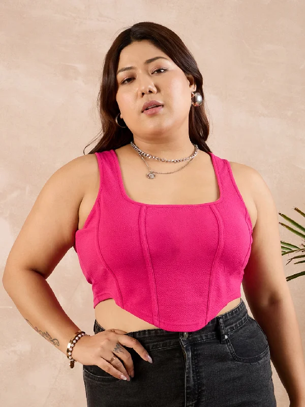 Berrylush Curve Women Pink Solid Square Neck Fitted Crop Top