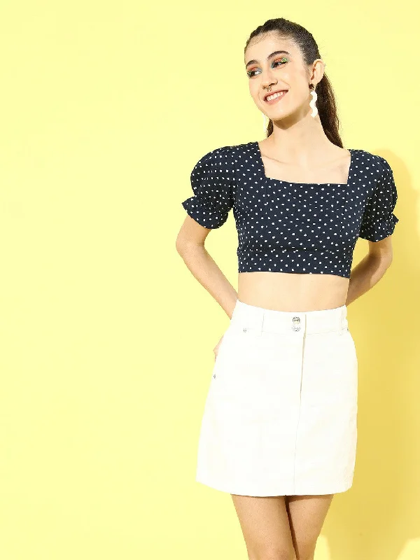 Berrylush Women Navy Blue Polka Dot Printed Crepe Empire Crop Top