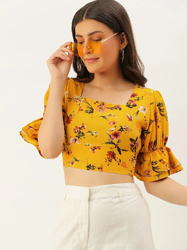 Berrylush Women Yellow Square Neck Floral Printed Crop Top