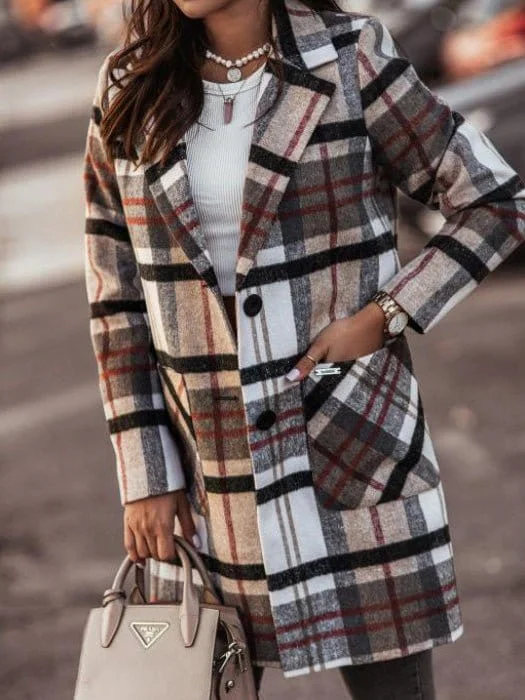 Beige and Brown Plaid Coat