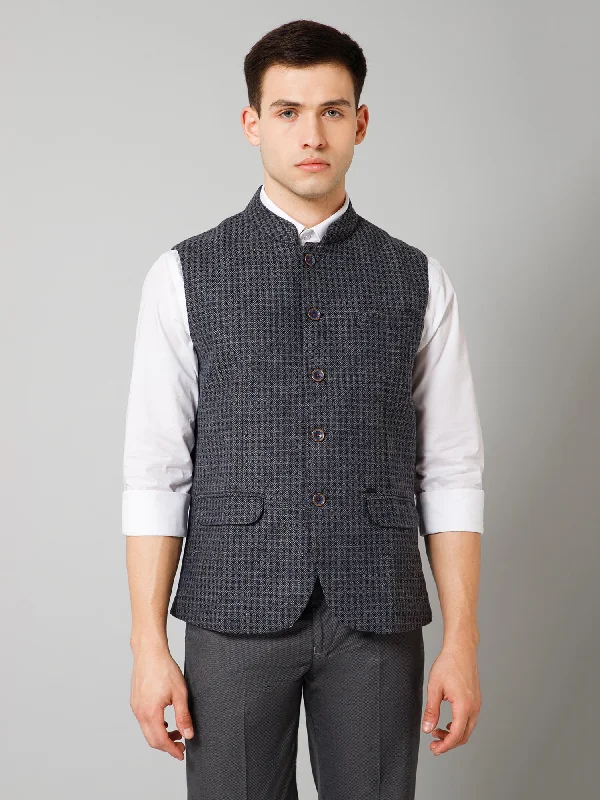 Men Grey Self Design Formal Band Collar Sleeveless Waist Coat