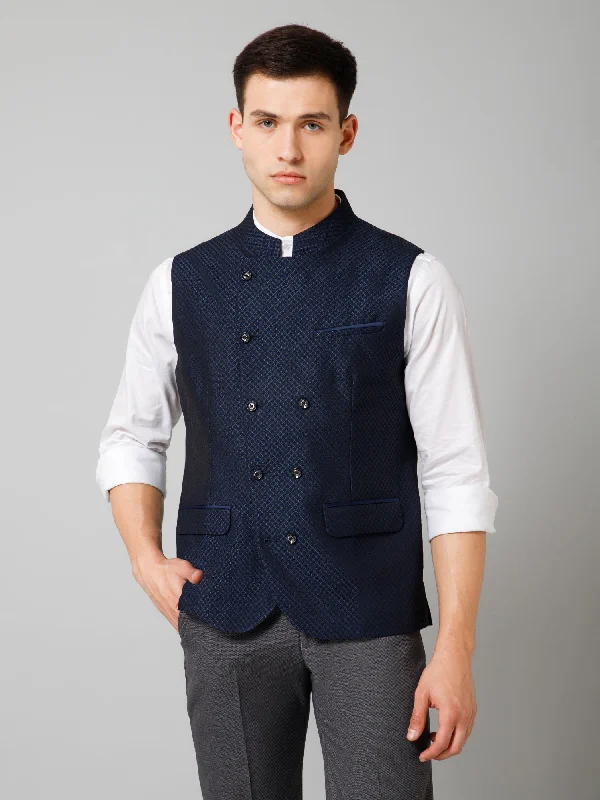 Men Navy Blue Self Design Casual Band Collar Sleeveless Waist Coat