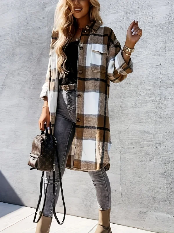 Checkered Lapel Long Coat