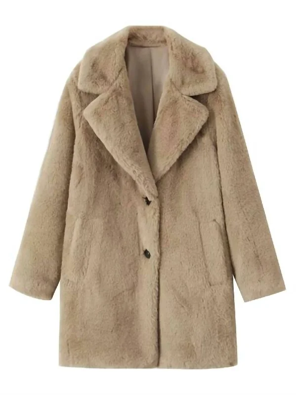 Faux Fur Button Up With Pockets Coat In Camel