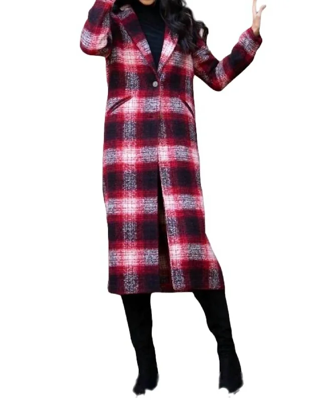 Longline Plaid Coat In Red Plaid