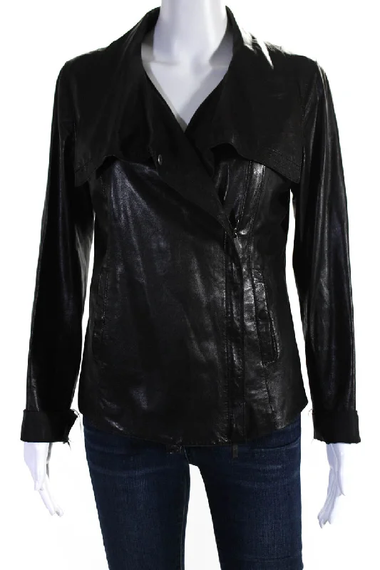 Vince Womens Leather Collared Asymmetrical Zip Up Jacket Coat Black